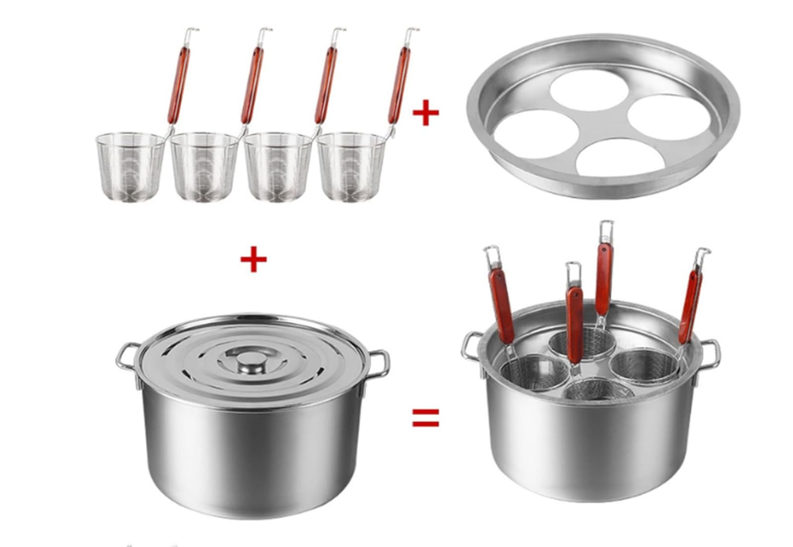 Buokaiw Pasta Cooker with Strainer,Stainless Steel Pasta Cooker Insert Set, Multipots Cooking Tool,Pasta Cooker Pot Set, 4 Pieces, Stainless Steel Stock Pot and Frying Pan with Lid