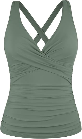 Hilor Womens Underwire Tankini Top Tummy Control Bathing Suits Sexy V Neck Crossover Swim Top Only