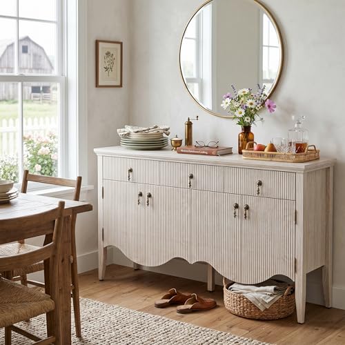 Image of FUSUNBAO 57 inch Fluted Sideboard Buffet with Storage, 4 Doors & 3 Drawers, Oak | 3 Drawers and 4 Doors, Vintage Fluted with Scalloped Base, Organic Modern Accent Cabinet, For Dining Room