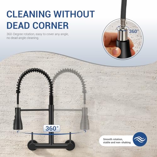 Image of Wall Mount Kitchen Faucet with Pull Down Sprayer 3 Functions, 304 Stainless Steel Wall Mount Faucet 8 Inch Center, 2 Handle Kitchen Sink Faucet High Arc 360 Swivel, Matte Black
