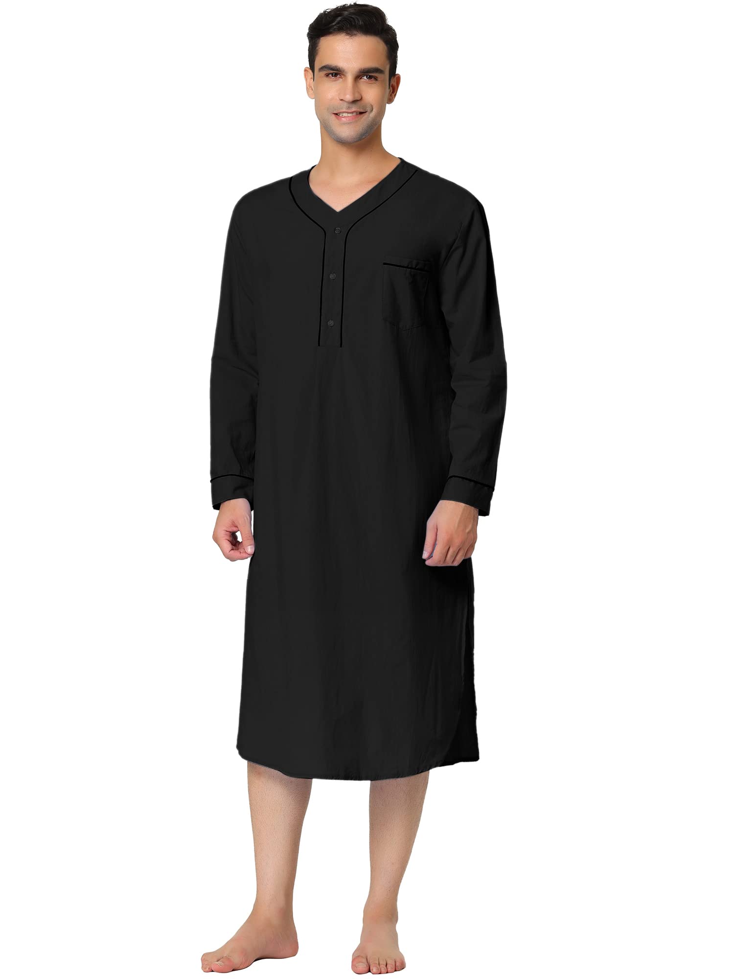 Lars Amadeus Men's Nightgown Pajamas, Nightshirt, Sleep Shirt, Cotton, Long Sleeve Henley Large Black