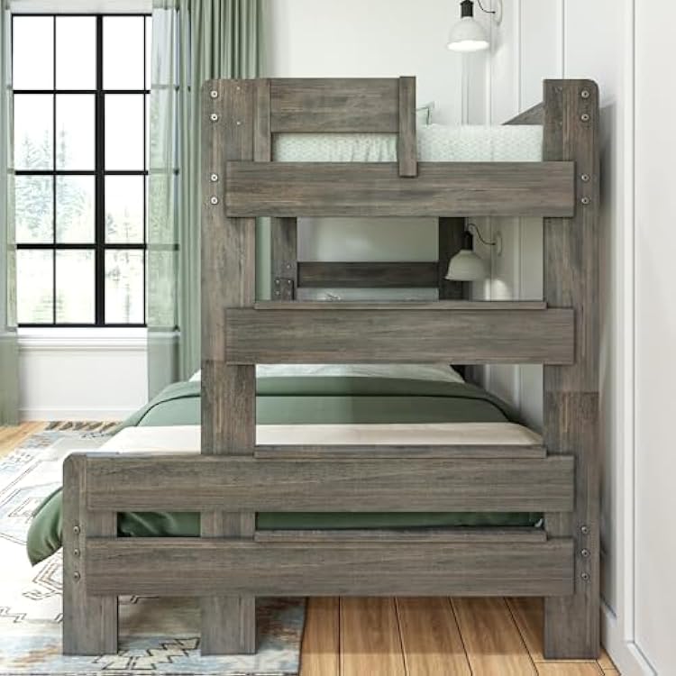 Max & Lily Bunk Bed, Twin-Over-Full Bed Frame For Kids, Solid Wood Bunk Bed for Kids, No Box Spring Needed, Driftwood