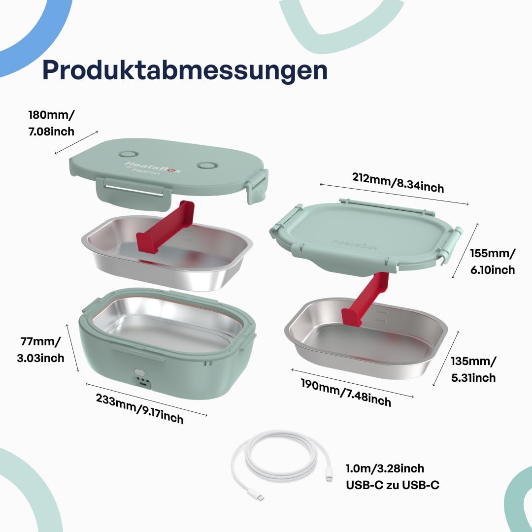 Faitron HeatsBox Go Kids – Beheizbare Lunchbox für Kinder, 540-ml-Edelstahlbehälter, integrierter Akku (100 W) und App-Steuerung, tragbarer Speisenwärmer für Schule/Reisen - Green