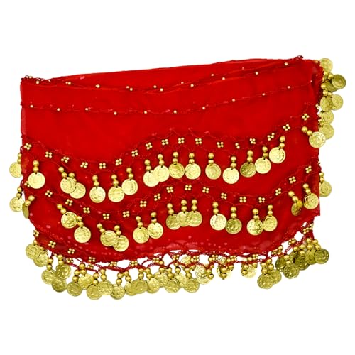 PAITOK Magdansande höfthalsduk, magdansbälte för kvinnor med 128 guldmynt dansare halsduk kostymer flickor dans kjol omlottbälte, Röd, 150cm/59inch