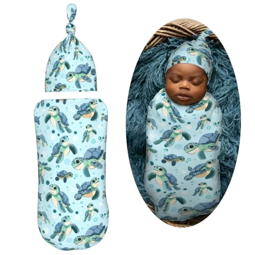 Image of Baby Sea Turtles Newborn Swaddle Blankets Hat Sets Soft Baby Receiving Blanket Swaddle Sack for Baby Shower Infant Boy Girl Gift