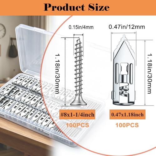 Image of 200 Pcs Self Drilling Drywall Anchors with Screws,100 Sheetrock Anchors (0.47x1.18 Inch) &100 Zinc Expansion Screws,Upgraded Zinc Plated Steel,No Drill Needed,Perfect for Wall Hanging(Sliver）