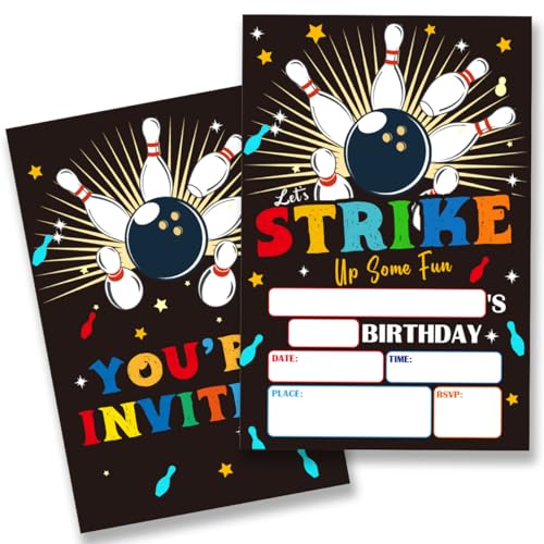Invitaciones de cumpleaños infantiles temáticas de bolos, juego de 20 tarjetas con sobre