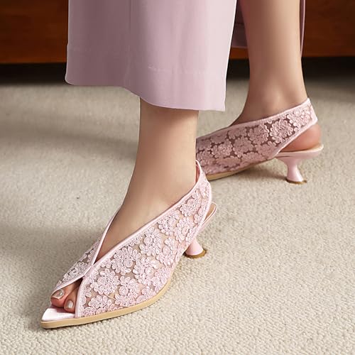 Elegant Peep Toe Slingback Pumps with Floral Mesh Design | Stylish Kitten Heel Low Platforms for Women Chic Summer and Wedding Party Dress Shoes with Flower Accents3