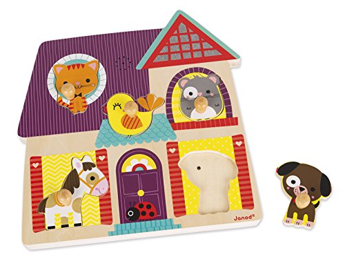 Janod 5 Piece Musical Animal Sound My Little Friends Themed Wooden Peg Colorful Jigsaw Puzzle with Sound Effects - Encourages Shape Recognition, Dexterity & Language Development - Toddlers 18 Months+