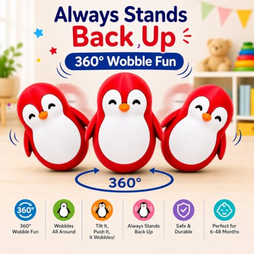 Image of Penguin Roly-Poly Toy, Wobble and Tumble Stress Relief Fidget, Fun Desk Toy for Kids and Adults (Red and White)