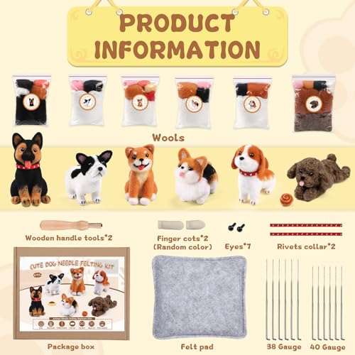 Image of Mayboos 6 Pcs Needle Felting Kit, Animal Needle Felting Beginner Kits Wool Felt Needle Felting Tools with Instruction for DIY Craft Animal Home Decoration (Cute Dog)