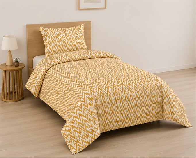 Image of 210 TC Glace Cotton Soft Cotton Zig Zag Design Flat Queen Size 60x90 inches Bedsheet Set - Lightweight & Durable 1 Bed Sheet with 1 Pillowcase 17x27 inches Yellow