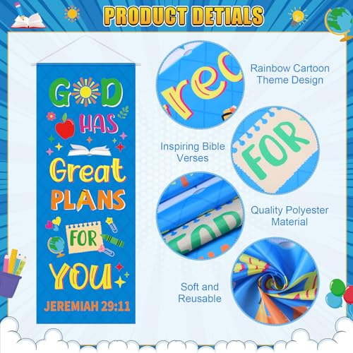 Image of Panelee 4 Pcs Church Banners for Sanctuary Wall Rainbow Cartoon Church Banners with Scripture Inspirational Religious Praise Bible Verses Hanging Backdrop Signs for Sunday School Worship Decoration