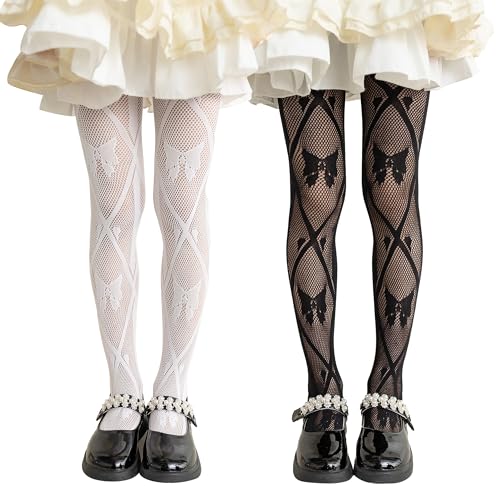 LOLANTA Pack de 2 Medias de Rejilla Fantasía para Niña, Pantys Infantiles de Encaje Calado para Fiesta, Lazos negro/blanco, 8-12 años, L
