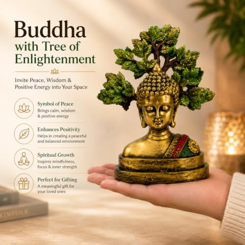 Image of ZAICUS Buddha Head with Bodhi Tree Showpiece for Home & Office Decor | Decorative Figurine for Home Styling, Office Desk Accessories, Yoga Space, Prayer Corner & Shelf Decoration