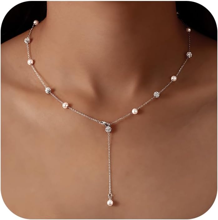 UTISUVIKOPearl Necklace for Women 925 Sterling Silver Pearl Drop Y Necklace with Cubic Zirconia Crystal Ball Sparkle Necklace for Brides Adjustable Wedding Necklace Birthday Everyday Jewelry
