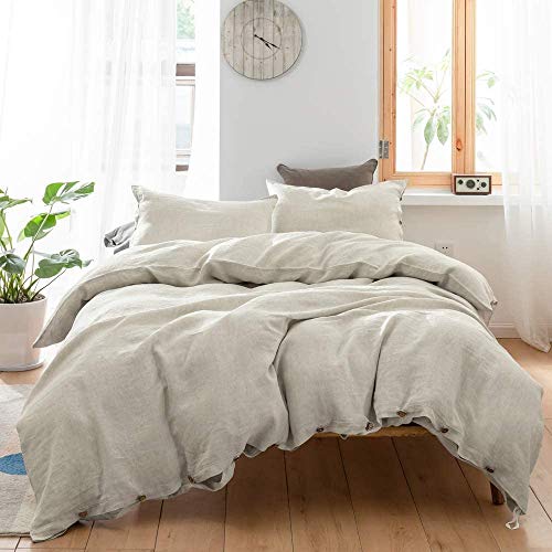 Simple&Opulence 100% Linen Duvet Cover Set 3pcs with Coconut Button Closure Natural French Washed Flax Solid Color Soft Breathable Farmhouse Bedding - Linen, Queen Size