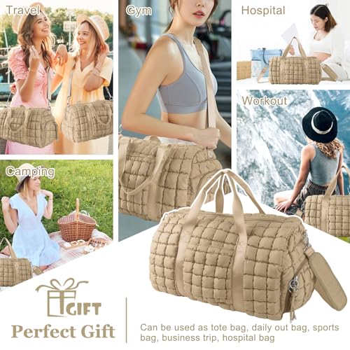 Image of Quilted Travel Duffle Bag Gym Bag for Women,Large Puffer Duffle Weekender Bag with Compartment,Workout Overnight Carry on Organizer Bag Duffle Bag for Airplane Travel(L-Khaki)