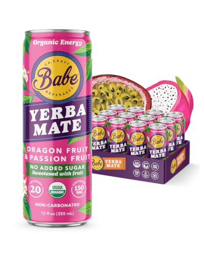 Babe Organic Yerba Mate Energy Drink, No Added Sugar, Dragon Fruit &amp; Passion Fruit, 12 oz Cans, 12 Pack