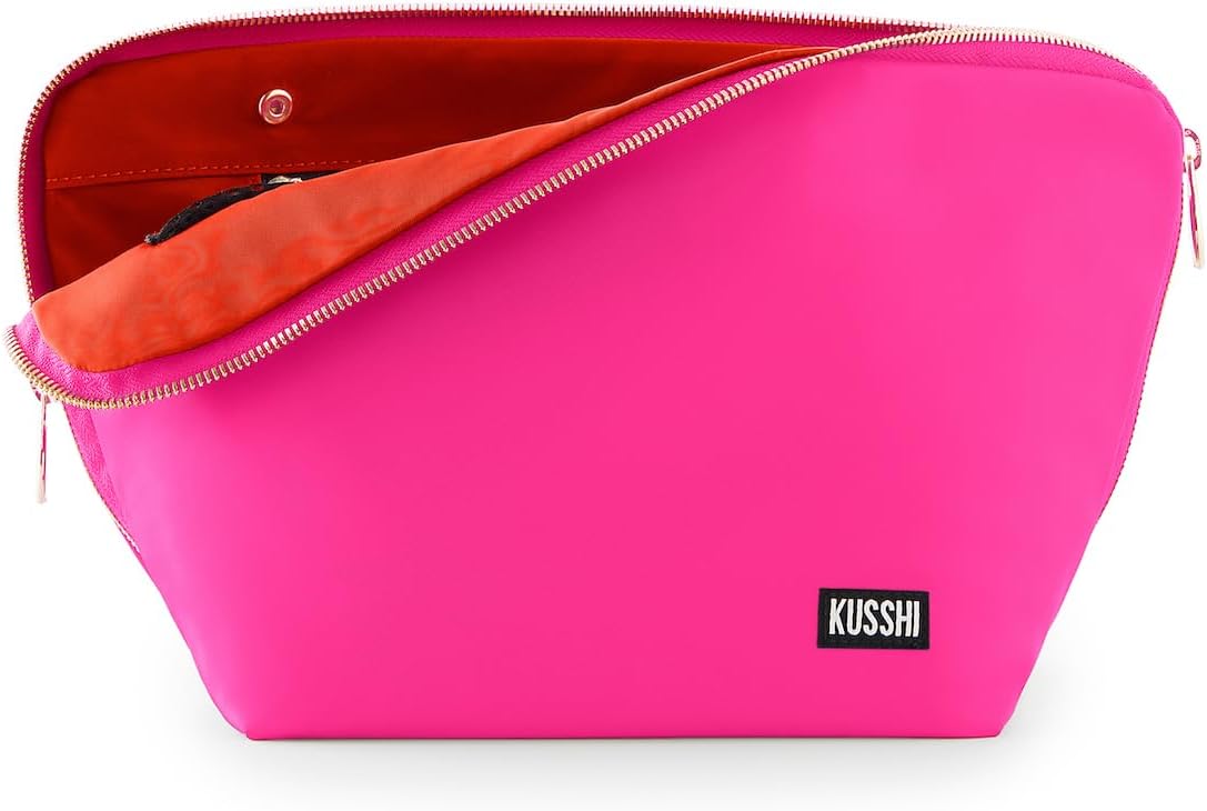 KUSSHI Washable Travel Makeup & Cosmetic Bag - Brush Organizer Sold Separately (Vacationer, Bubble Gum Pink/Orange)
