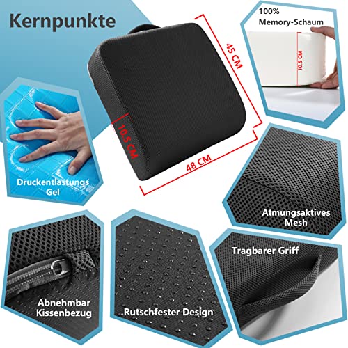 YOUFI Großes Sitzkissen, 10.5 cm, Dicker Memory-Schaum für Bürostuhl, mit kühlendem Gel für Ischias, Steißbein, Rücken, Dickes Kissen, 48x45x10.5 cm (Schwarz)
