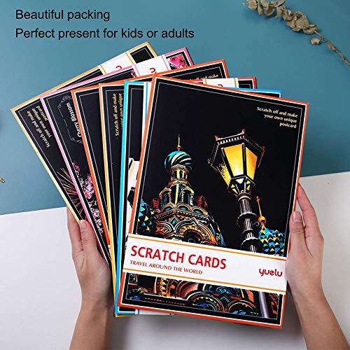 Scratch & Scratchboard Art Paper for Kids & Adults, Rainbow Painting Night View Creative Gift, 8 Sheets A4 Scratch Cards with 4pcs Scratch Drawing Tools