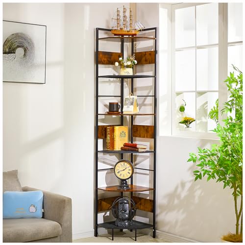 Tall Corner Shelf, 6 Tier Rustic Corner Bookshelf, 78.7