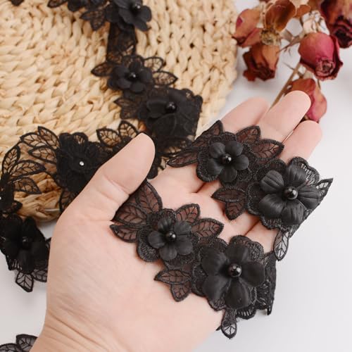 URROMA Black Floral Lace Trim, 2.18 Yards Organza Polyester Lace, 5.5cm Wide, Wedding & Special Occasions - Image 4