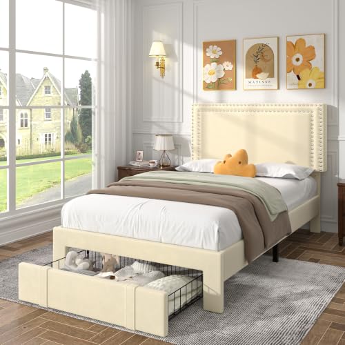 Image of VECELO Twin Size Upholstered Bed Frame with Storage Drawer, Adjustable Velvet Rivet Decor Headboard, Wooden Slats Platform Support, No Box Spring Needed, Easy Assembly,Beige