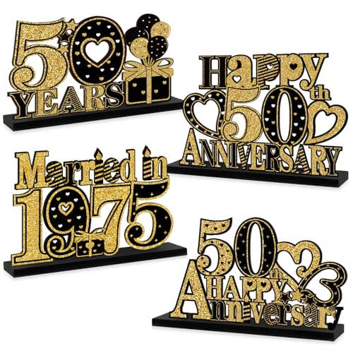 Eiurteao 4 Pieces 50th Anniversary Decorations Married in 1975 Wooden Table Sign, Black Gold Happy 50 Wedding Anniversary Table Centerpieces Party Supplies, Cheers to 50 Year Anniversary Table Decor