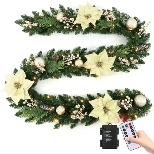 Christmas Garland with Lights Dailyart 9FT 80LED Xmas Pre-lit Wreath Lights with Timer Decorated with Christmas Flower Ball Pinecones Berry Artificial Lighted Garland for Fireplace Stairs Home Decor