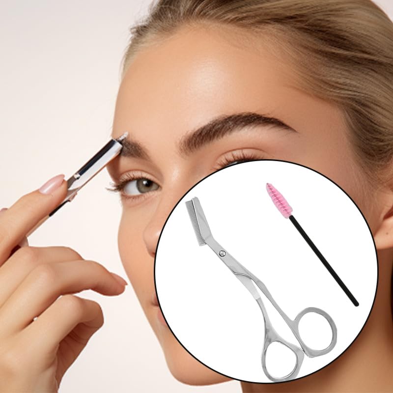 Eyebrow Scissors, Stainless Steel Eyebrow Scissors with Cleaning Brush Eyebrow Scissors with Comb for Women Men(Silver)