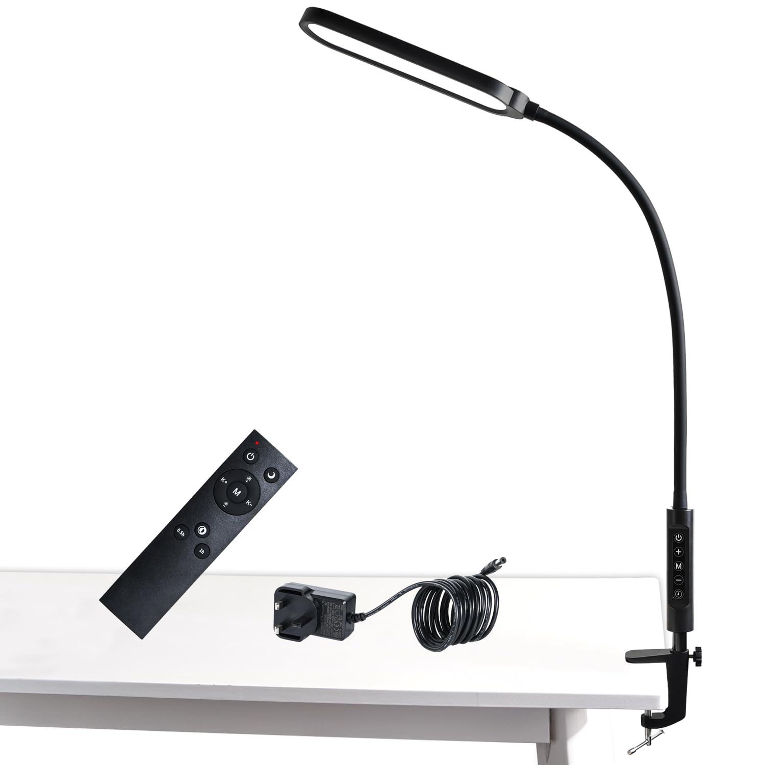 Workbench Light, LED Clamp Desk Lamp, 3000 LMS, 18W, CRI>95, 3 Color Modes, 16 Brightness Levels, Eye-Caring Task Lamp with Remote for Reading, Office, 0.5H/1H Timer (Adapter Included)