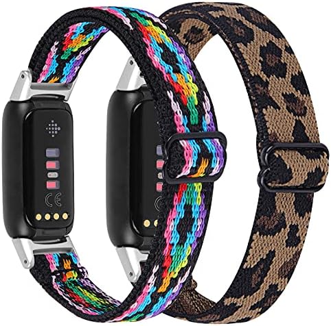 OCEBEEC 2 Pack Elastic Bands Compatible with Fitbit Luxe, Adjustable Stretchy Nylon Sport Wristband Replacement for Fitbit Luxe Fitness and Wellness Tracker Women Men(Aztec Style Colorful+Leopard)