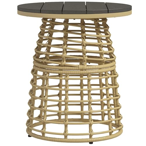 Outsunny Table Basse de Jardin, Table d'appoint extérieur Ronde en résine Aspect rotin métal et Plateau Composite, Ø 45 x 50 cm Naturel