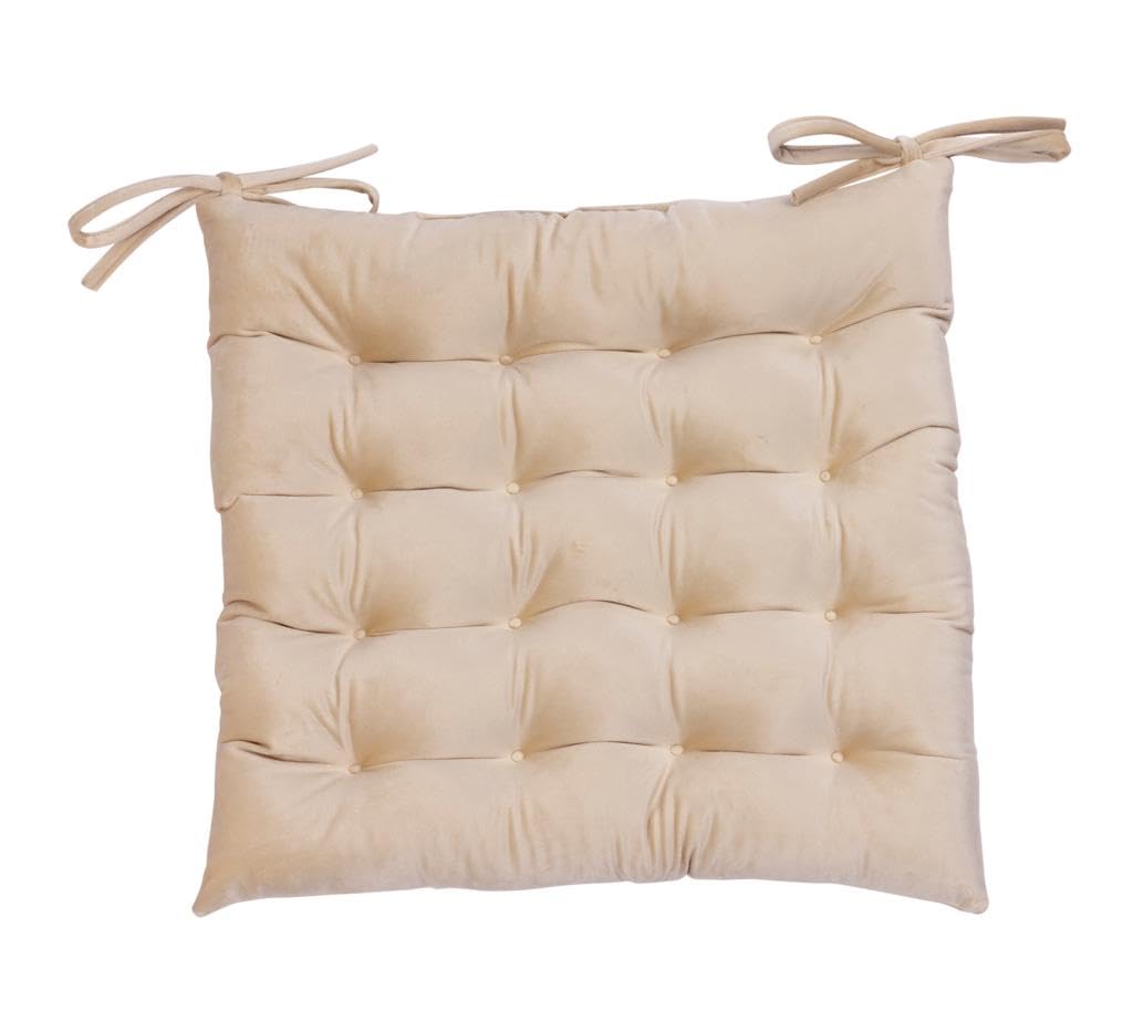 PRIME LINENS Velvet Chair Seat Pads with Ties Strap 16 Stitch Ultra Soft Comfortable Seat Pad Adjustable Seat Cushions for Kitchen Dinning Living Room (Pack Of 6, Beige)