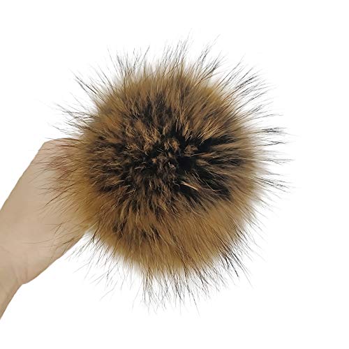 5” diameter raccoon fur pom pom with press snap button for knit…