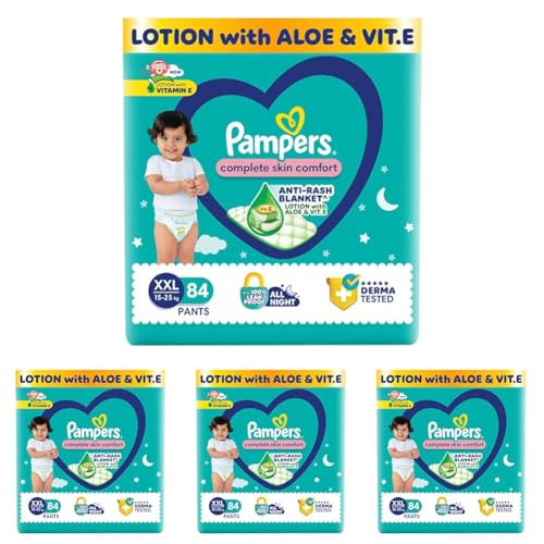 Image of Pampers Complete Skin Comfort Pants, Anti-rash blanket, Lotion with Vitamin E & Aloe Vera, Ddouble Extra Large size baby Diapers, (XXL) 84 Count, 15-25 kg (Pack of 4)