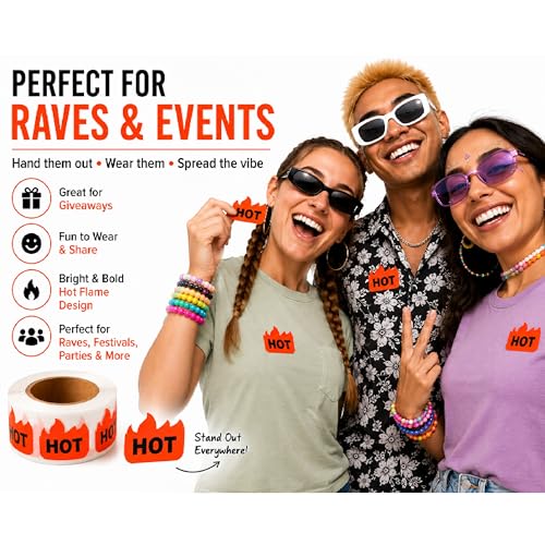 Image of ChromaLabel Hot Stickers, 2 x 1.25 Inch Fluorescent Red Orange Flame Labels, 500 /Roll, Rave Hot Stickers for Parties, Festivals, Events, Hot Sauce, Spicy Food & Retail Marking