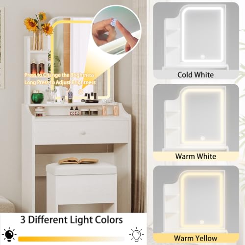 LIKIMIO Small Makeup Vanity Desk with Mirror and Lights, Vanity Table Set with Storage Drawer, Chair and Three Shelves, Bedroom, White