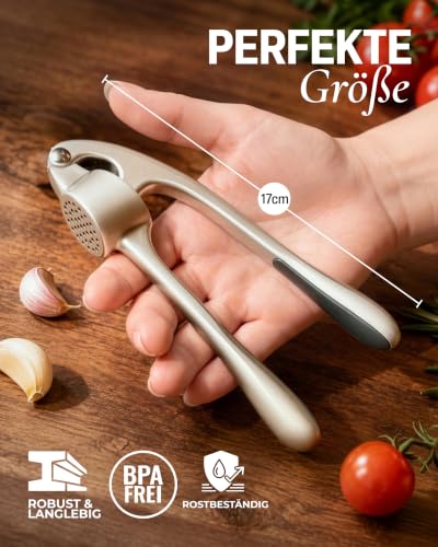 Foto von Zulay Kitchen Knoblauchpresse Edelstahl mit Silikon-Knoblauchschäler und Reinigungsbürste, Knoblauchpresse mit Komfortabler Griff, Ingwerpresse, Haushaltshelfer Knoblauch presse Garlic Crusher, Silber