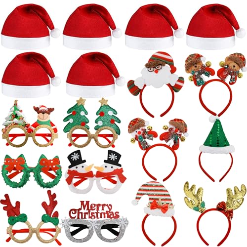 fiintrwa 18PCS Weihnachtsbrillen und Weihnachtsmann Mütze Set, Lustig...