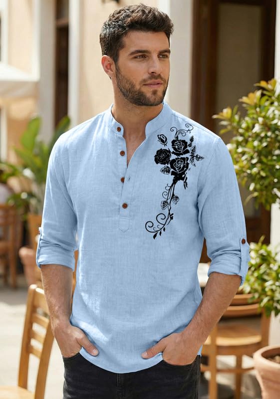 Image of Zombom Men's Cotton Polyester Blend Mandarin Collar Self One Design Printed Full Sleeve Regular Fit Casual Short Kurta