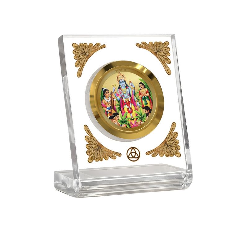 Image of DIVINITI 24K Gold Plated Lord Satyanarayan Acrylic Frame for Car Dashboard, Home Temple & Office Table | Premium Spiritual Gift, Blessings for Protection & Positivity, 8x7 cm Decorative Showpiece