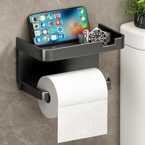 Amerteer Black Toilet Paper Holder Wall Mount Bathroom Tissue Holder with Shelf Toilet Paper Roll Holder for Bathroom