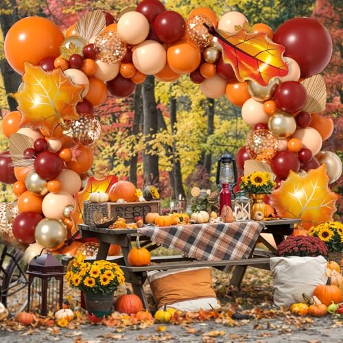 Image of Orange Balloon Arch Kit Fall Thanksgiving Garland with Leaf Foil Ballons