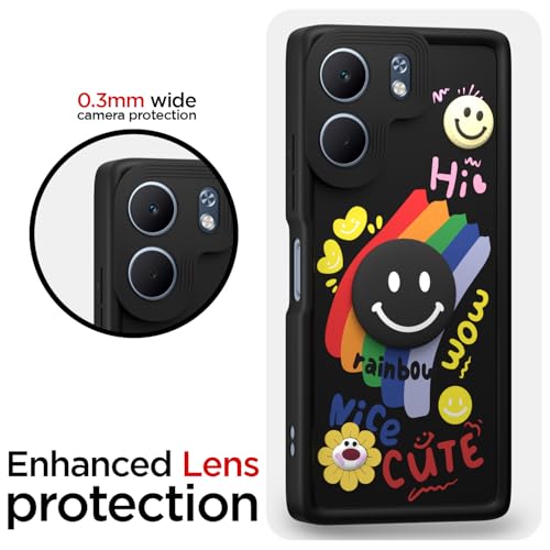 Image of Pikkme Back Cover for Oppo A5x | Soft Silicone| Cute Rainbow Smile & 3D Cartoon Flower Design | Shockproof Raised Camera Protection Bumper Case (Black)