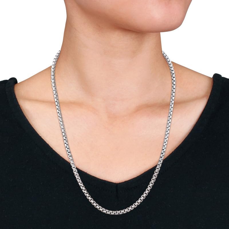 Italian 925 Sterling Silver Round Box Link Chain Necklace - Unisex Adults - Available in Rhodium Plated or Yellow Gold Plated Sterling Silver - 16in to 28in