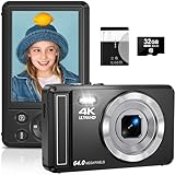 4K Digitalkamera mit 32 GB TF-Karte 64 MP Autofokus Fotoapparat mit 16X Digitalzoom Tragbar Kompaktkamera mit wiederaufladbare1200mAh Batterie, USB-Kabel, für Teenager Erwachsene Anfänger