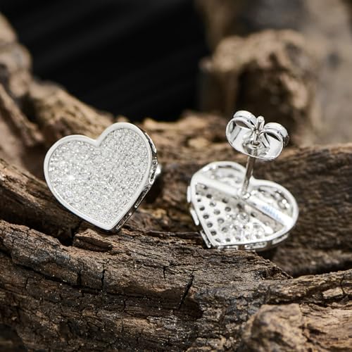 Silver Stud Earrings for Men with Heart Shaped White Gold Plated Earrings Hypoallergenic Cubic Zirconia Earring Studs Fashion Mens Jewelry Gift